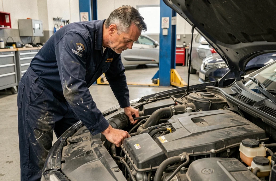 Mécanicien inspectant le moteur d'une Renault pour diagnostiquer le code défaut DTC253F29 dans un atelier automobile professionnel