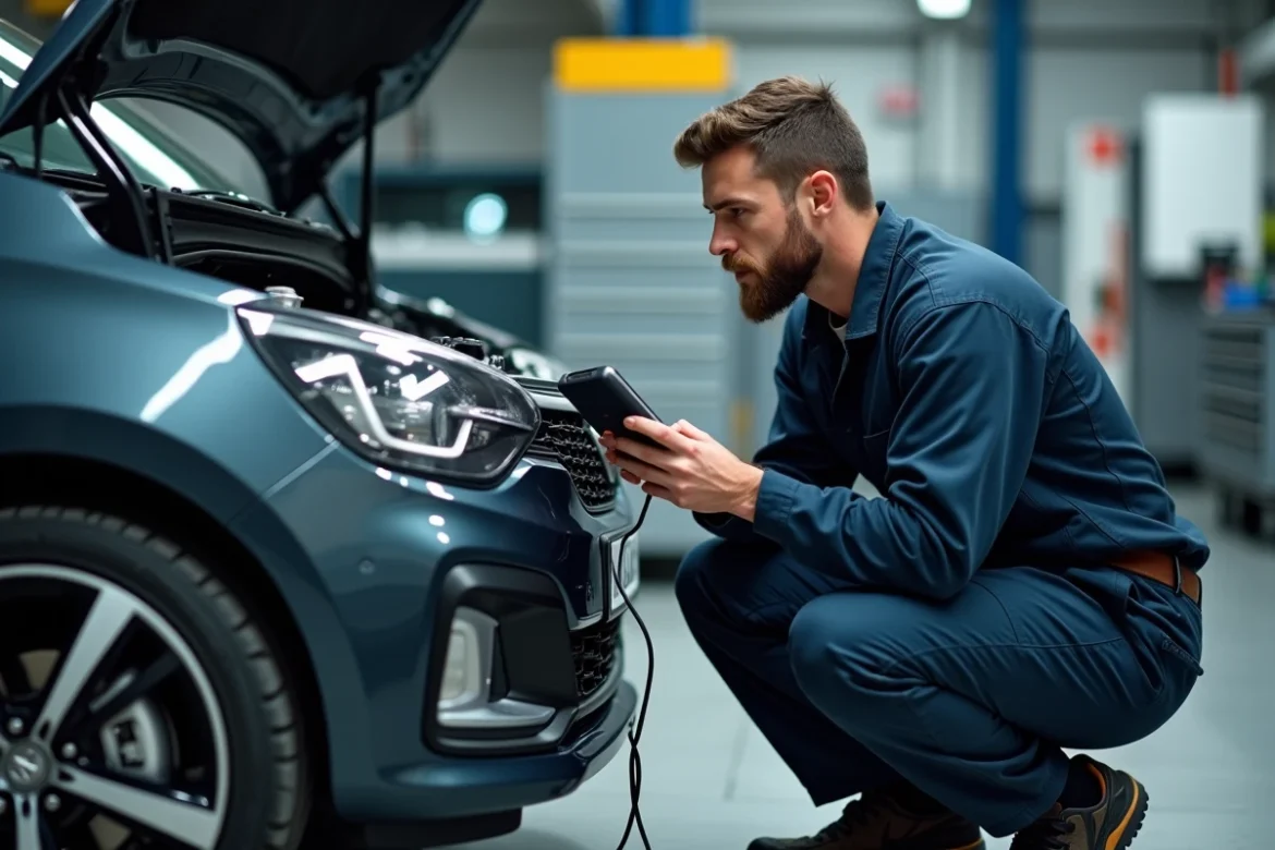 Mécanicien diagnostiquant une panne moteur BlueHDi 120 avec un lecteur OBD dans un garage automobile professionnel
