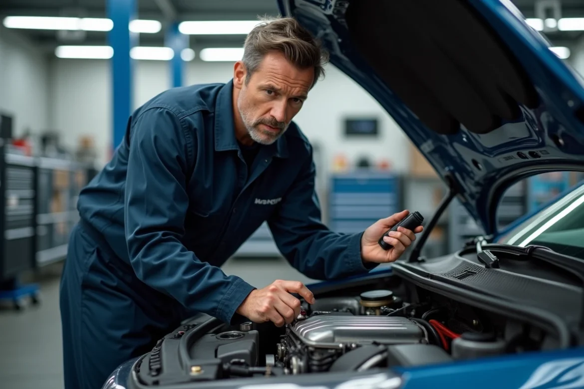 Mécanicien professionnel inspectant un moteur 1.6 TDI dans un atelier automobile