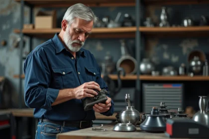 Mécanicien homme examinant une pièce de moto dans un atelier organisé