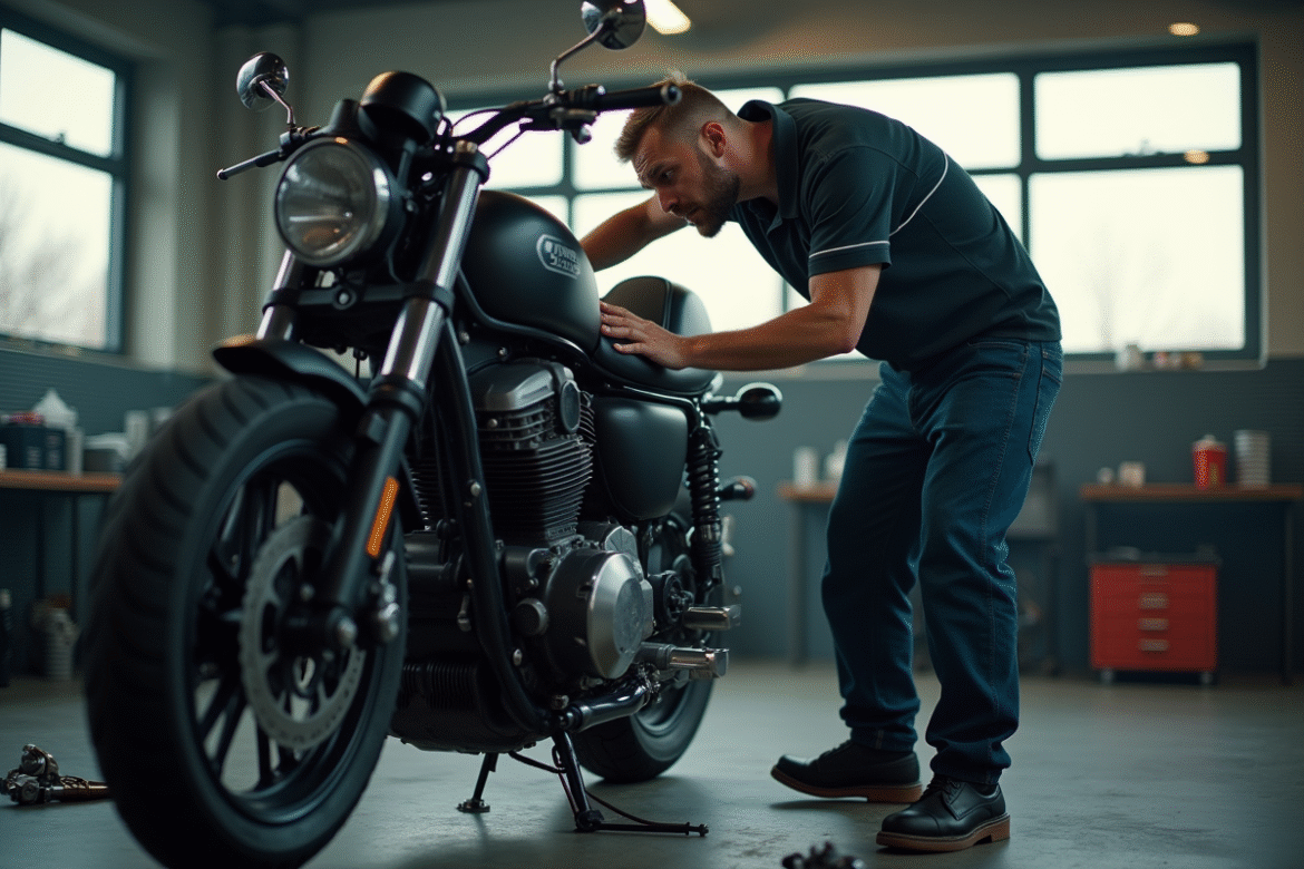 Mécanicien inspectant une moto en panne dans un garage moderne