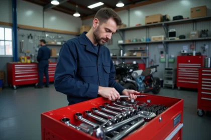 Mécanicien auto organisant son outillage dans un atelier bien rangé avec servante rouge