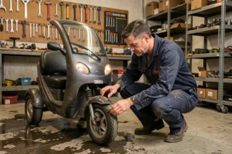 Mécanicien inspectant la suspension d'une voiture sans permis dans un atelier de réparation automobile