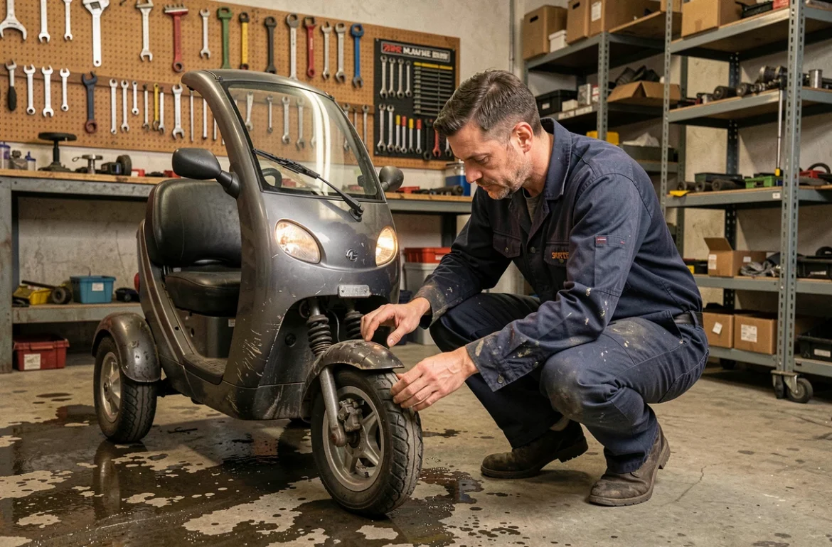 Mécanicien inspectant la suspension d'une voiture sans permis dans un atelier de réparation automobile