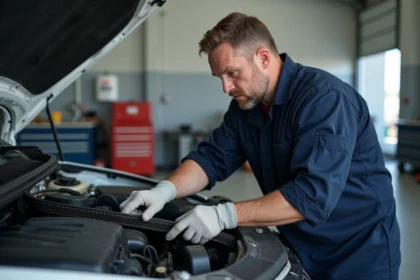 Mécanicien vérifiant une courroie accessoire usée dans un atelier