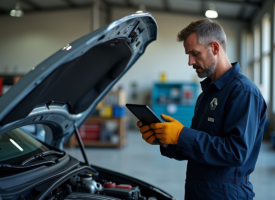 Mécanicien homme en tenue de travail utilisant une tablette diagnostic sur une Renault