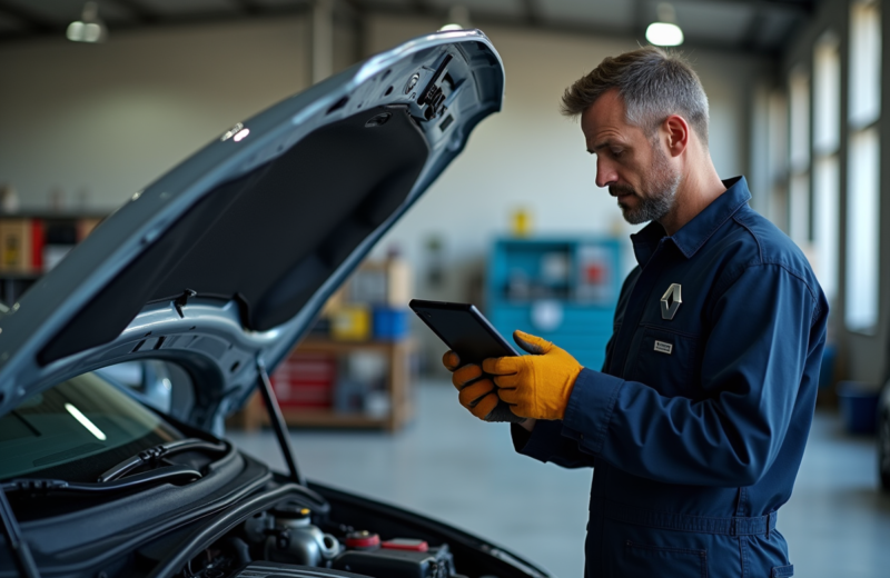 Mécanicien homme en tenue de travail utilisant une tablette diagnostic sur une Renault