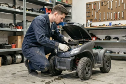 Mécanicien inspectant le moteur d'une voiture sans permis dans un atelier de réparation automobile