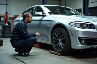 Mécanicien inspectant le train avant d'une BMW Série 5 F10 sur un pont élévateur dans un atelier automobile professionnel