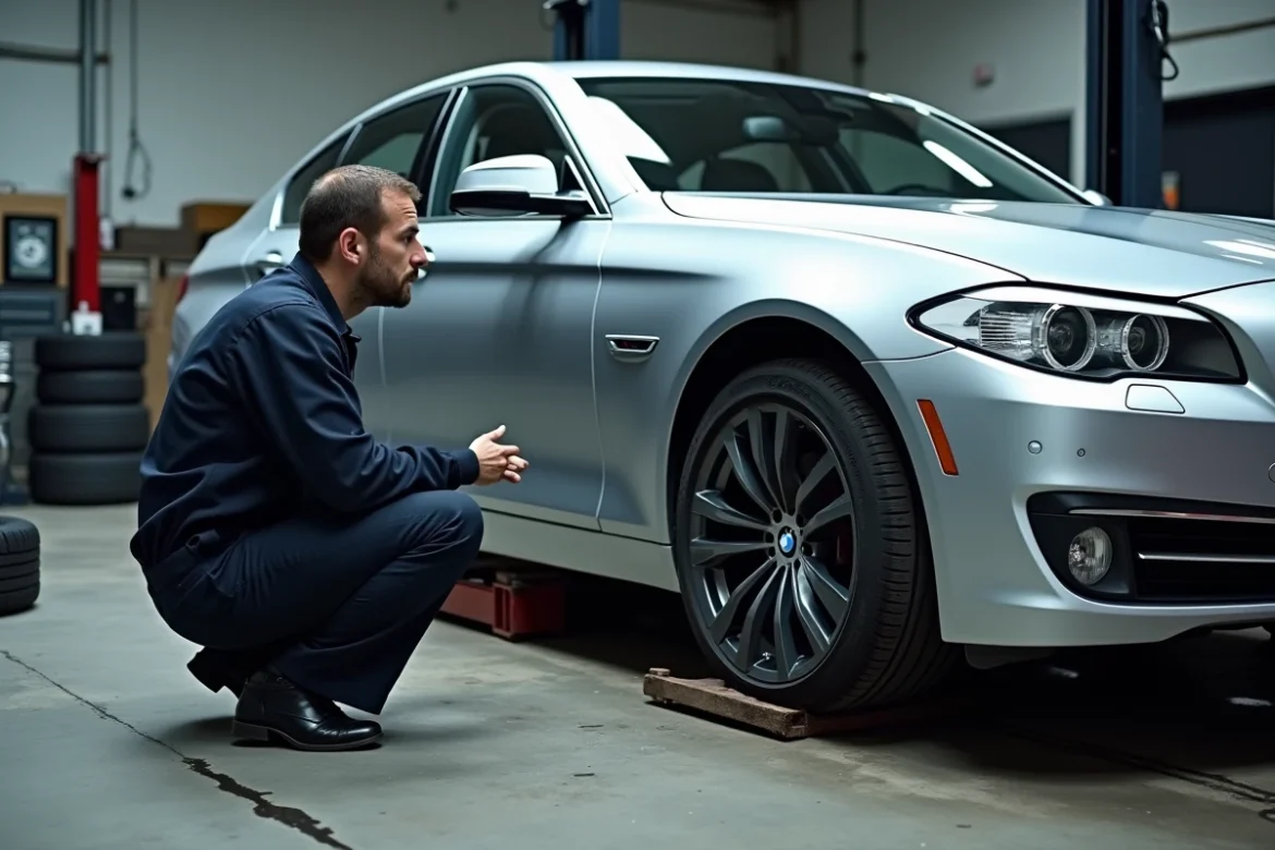 Mécanicien inspectant le train avant d'une BMW Série 5 F10 sur un pont élévateur dans un atelier automobile professionnel