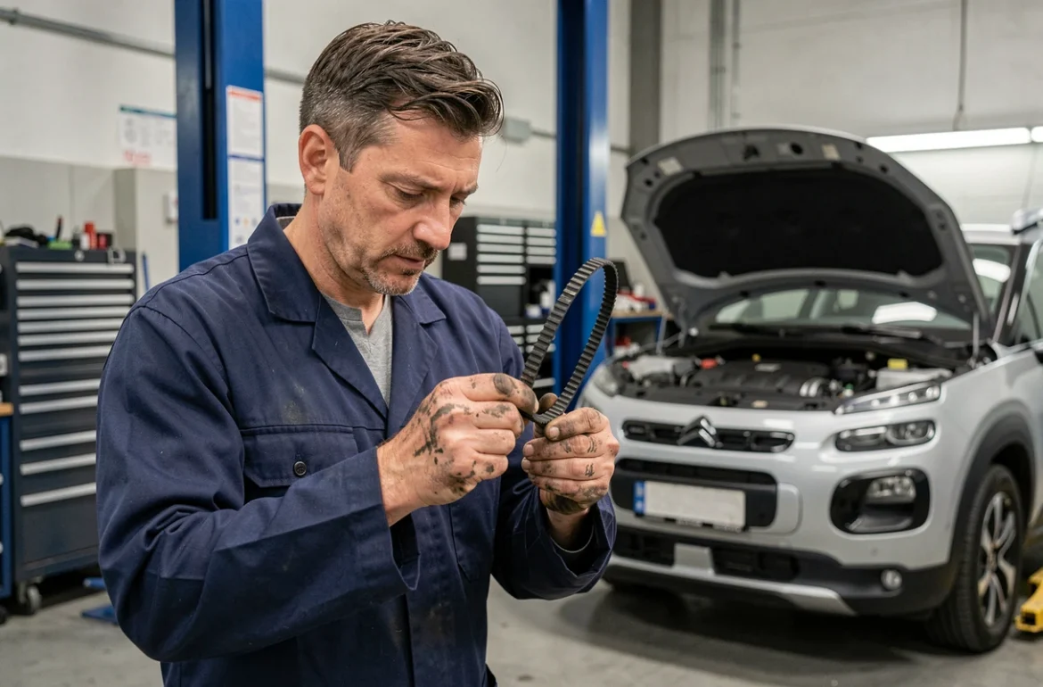Mécanicien inspectant une courroie de distribution usagée dans un atelier automobile, moteur de Citroën C3 Aircross ouvert en arrière-plan
