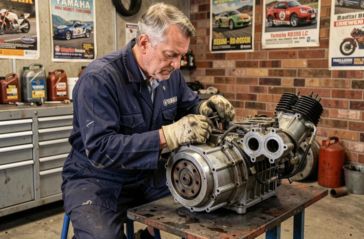 Mécanicien inspectant le moteur d'une Yamaha RDLC 350 occasion dans un atelier moto authentique avec outils vintage