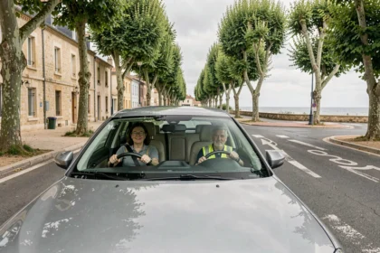 Élève conducteur et moniteur d'auto-école dans une voiture à double commande sur une route de Charente-Maritime
