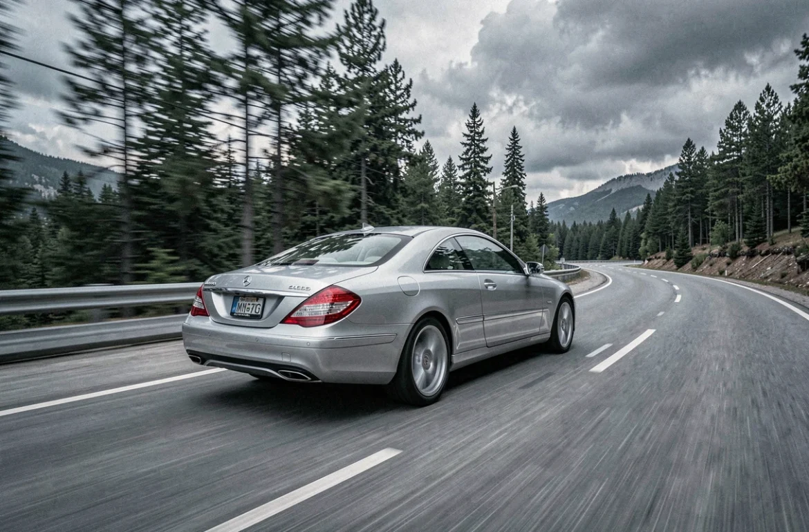 Mercedes CL600 W215 V12 argent en mouvement sur une route de montagne bordée de forêt de pins