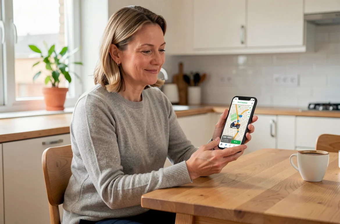 Mère rassurée consultant une application de suivi GPS de scooter sur son smartphone à la maison