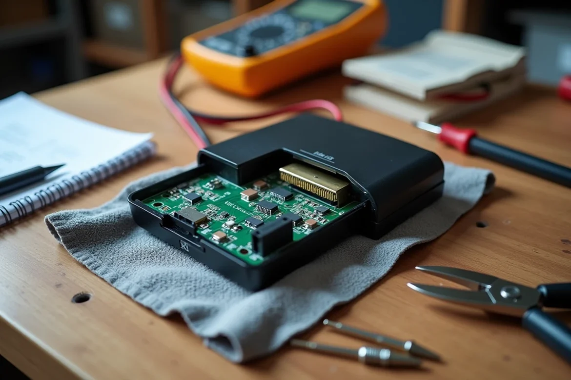 Module anti-démarrage débranché et outils automobiles posés sur un établi en bois pour une Clio 2