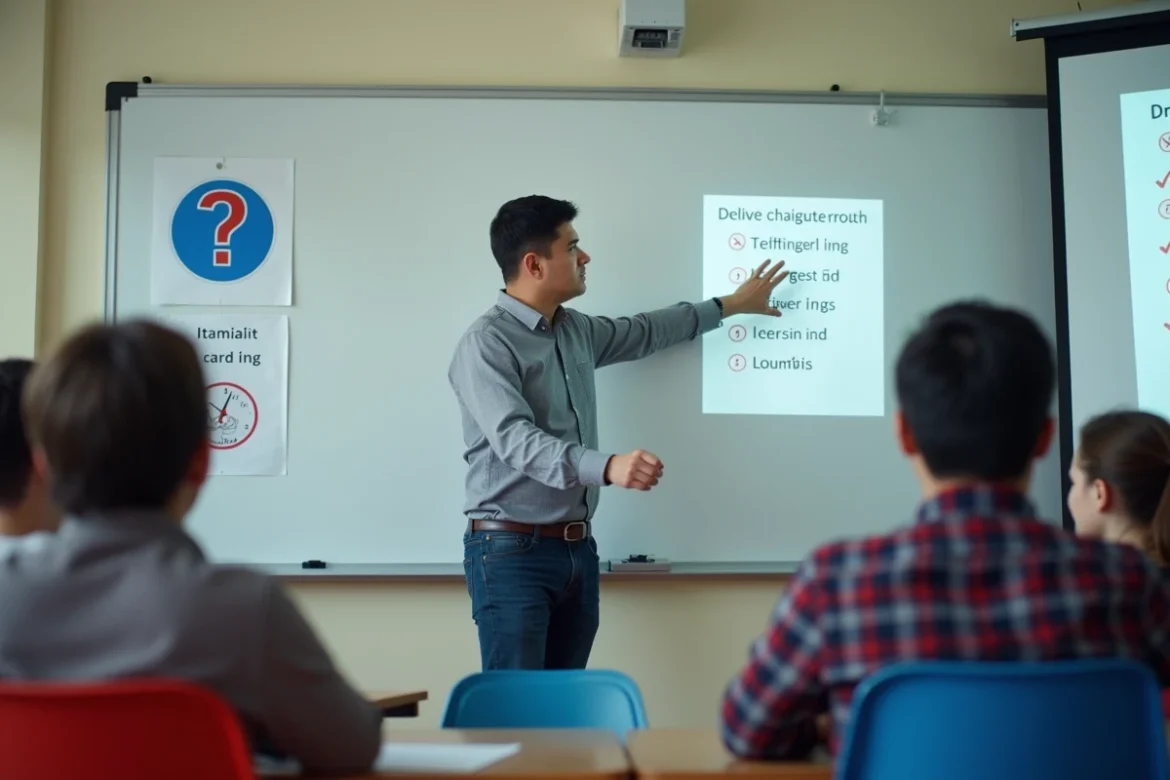 Moniteur d'auto-école expliquant des questions types de l'examen du permis de conduire en salle de cours