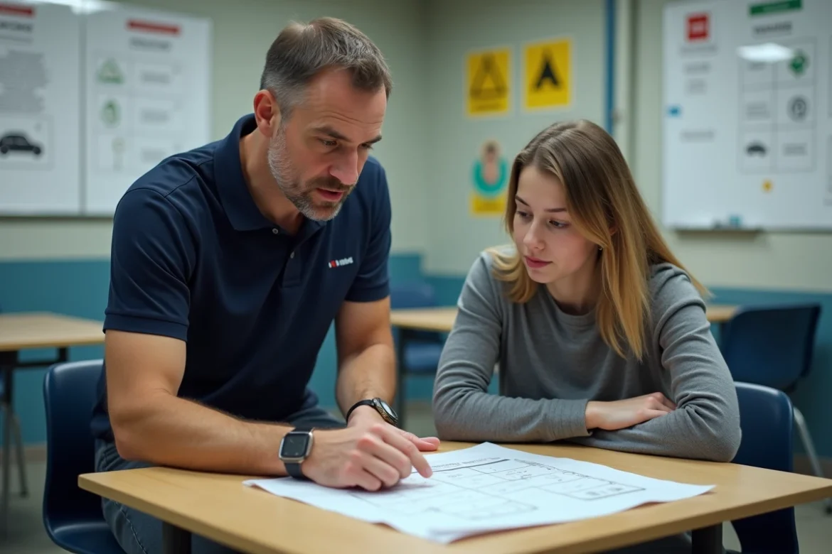 Moniteur d'auto-école guidant un élève sur un document PDF de vérification de permis en classe