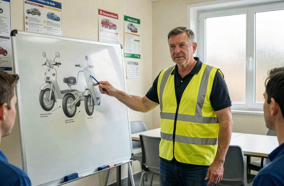Moniteur d'auto-école expliquant les règles du permis scooter 3 roues en salle de formation