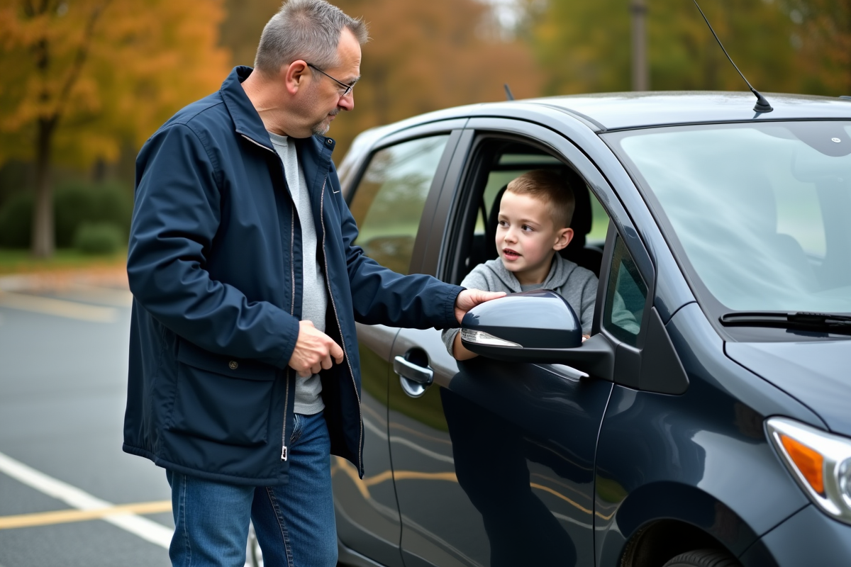 Moniteur en veste navy donnant cours à un adolescent au volant