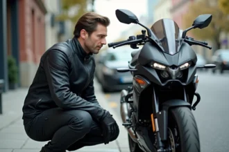 Motard inspectant sa moto sportive nue en milieu urbain avant de souscrire une assurance moto adaptée