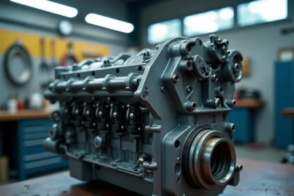 Moteur 1.5 dCi Renault K9K posé sur un établi de garage avec composants visibles et traces d'usure réalistes
