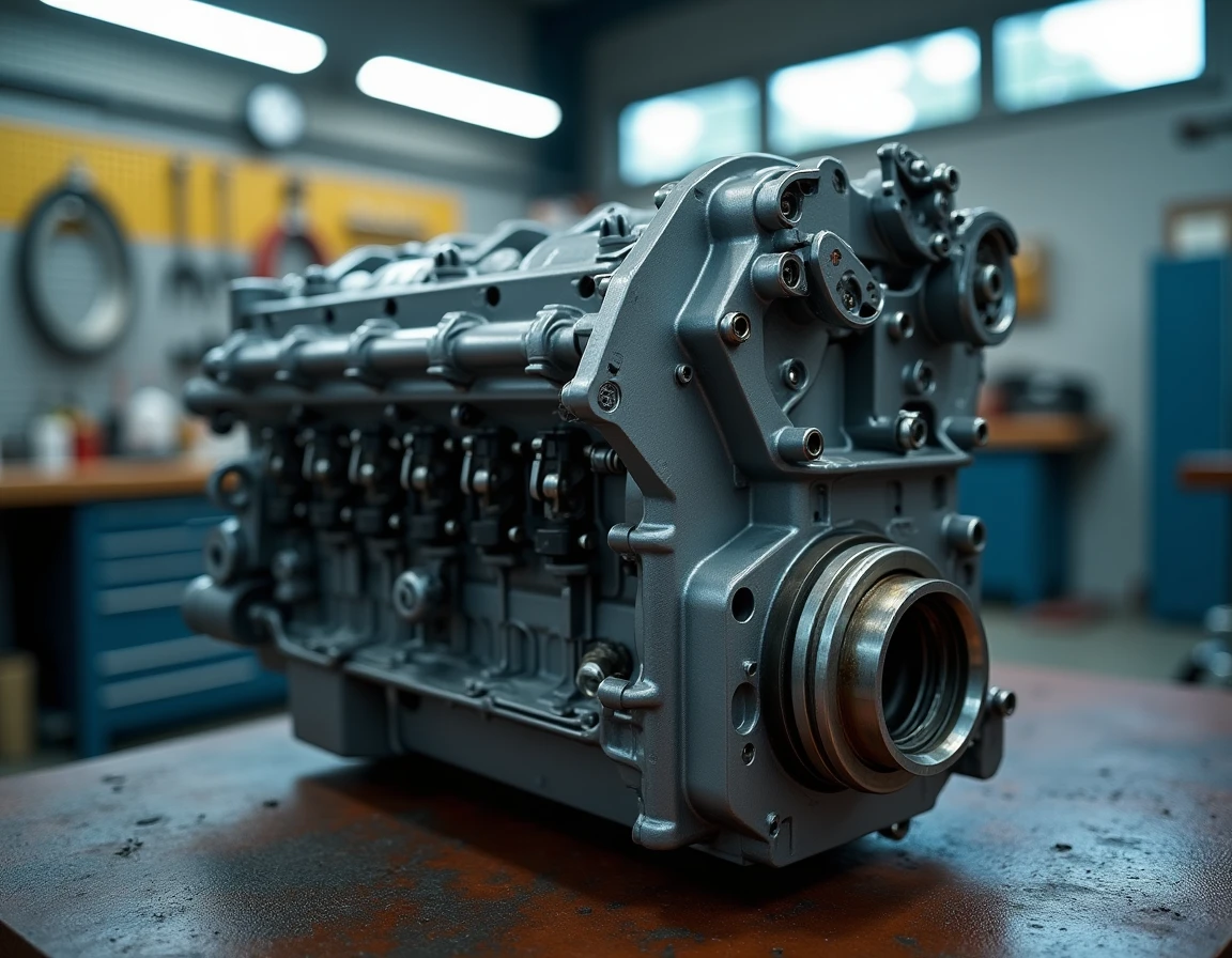 Moteur 1.5 dCi Renault K9K posé sur un établi de garage avec composants visibles et traces d'usure réalistes