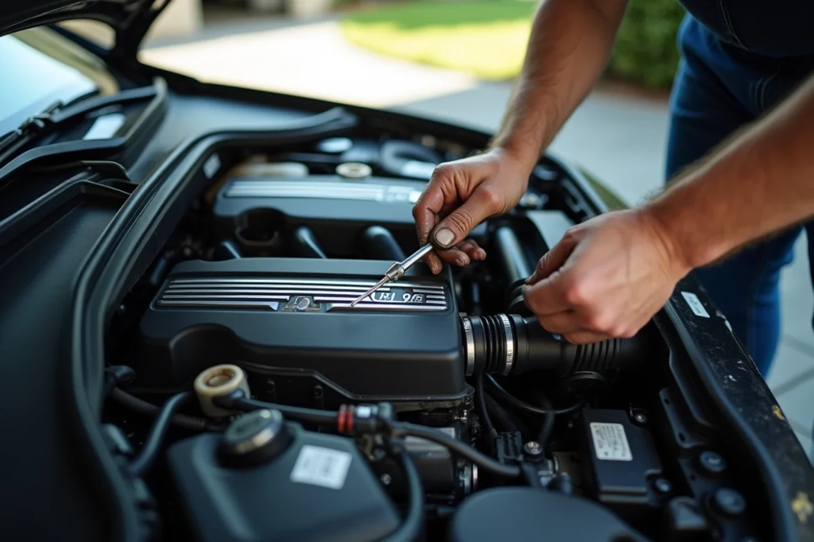 Gros plan du moteur d'une BMW Série 5 F10 avec inspection des composants moteur et vérification du niveau d'huile