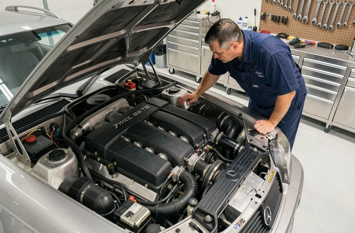 Moteur V12 M120 de la Mercedes SL600 R129 ouvert dans un garage avec un mécanicien inspectant le bloc moteur