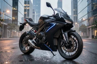 Moto électrique haute performance aux carénages aérodynamiques en carbone, garée dans une rue urbaine moderne avec reflets sur l'asphalte mouillé