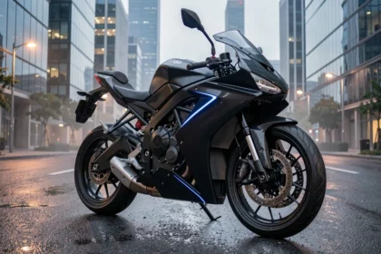 Moto électrique haute performance aux carénages aérodynamiques en carbone, garée dans une rue urbaine moderne avec reflets sur l'asphalte mouillé