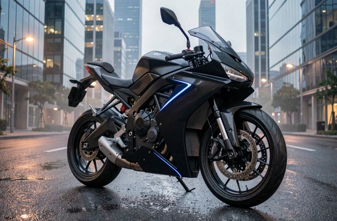 Moto électrique haute performance aux carénages aérodynamiques en carbone, garée dans une rue urbaine moderne avec reflets sur l'asphalte mouillé