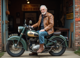 Homme âgé en moto vintage devant un garage ancien