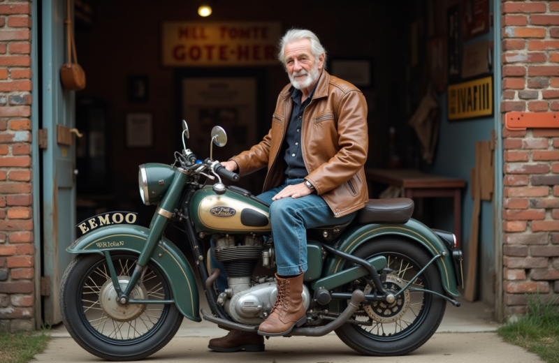 Homme âgé en moto vintage devant un garage ancien