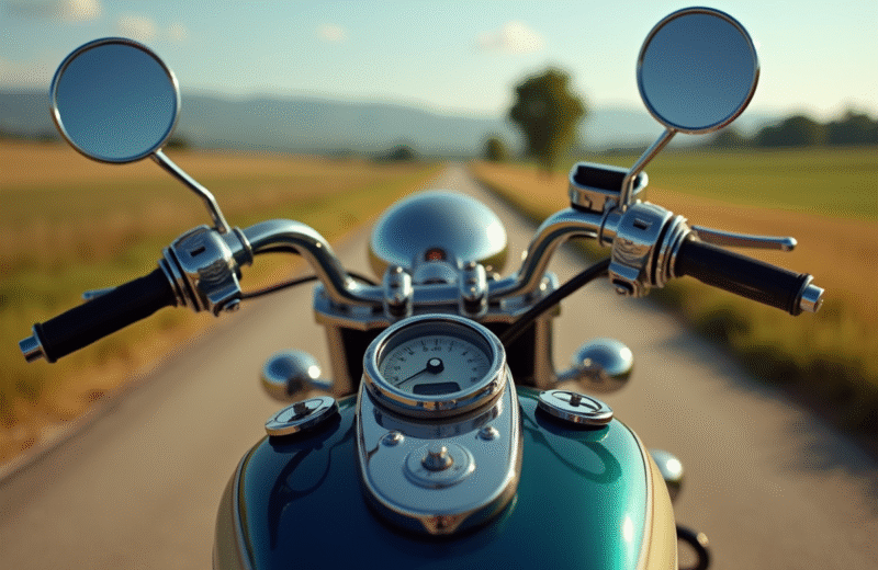 Moto vintage bien entretenue en plein soleil avec détails chromés