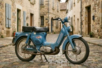 Mobylette Motobécane 103 SP bleue d'origine garée sur des pavés dans une rue française, couleur bleue usine authentique visible sur le cadre et le réservoir