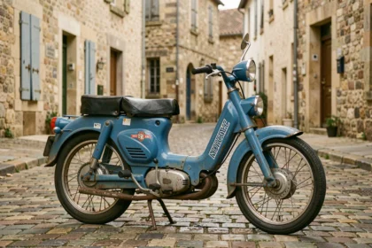Mobylette Motobécane 103 SP bleue d'origine garée sur des pavés dans une rue française, couleur bleue usine authentique visible sur le cadre et le réservoir