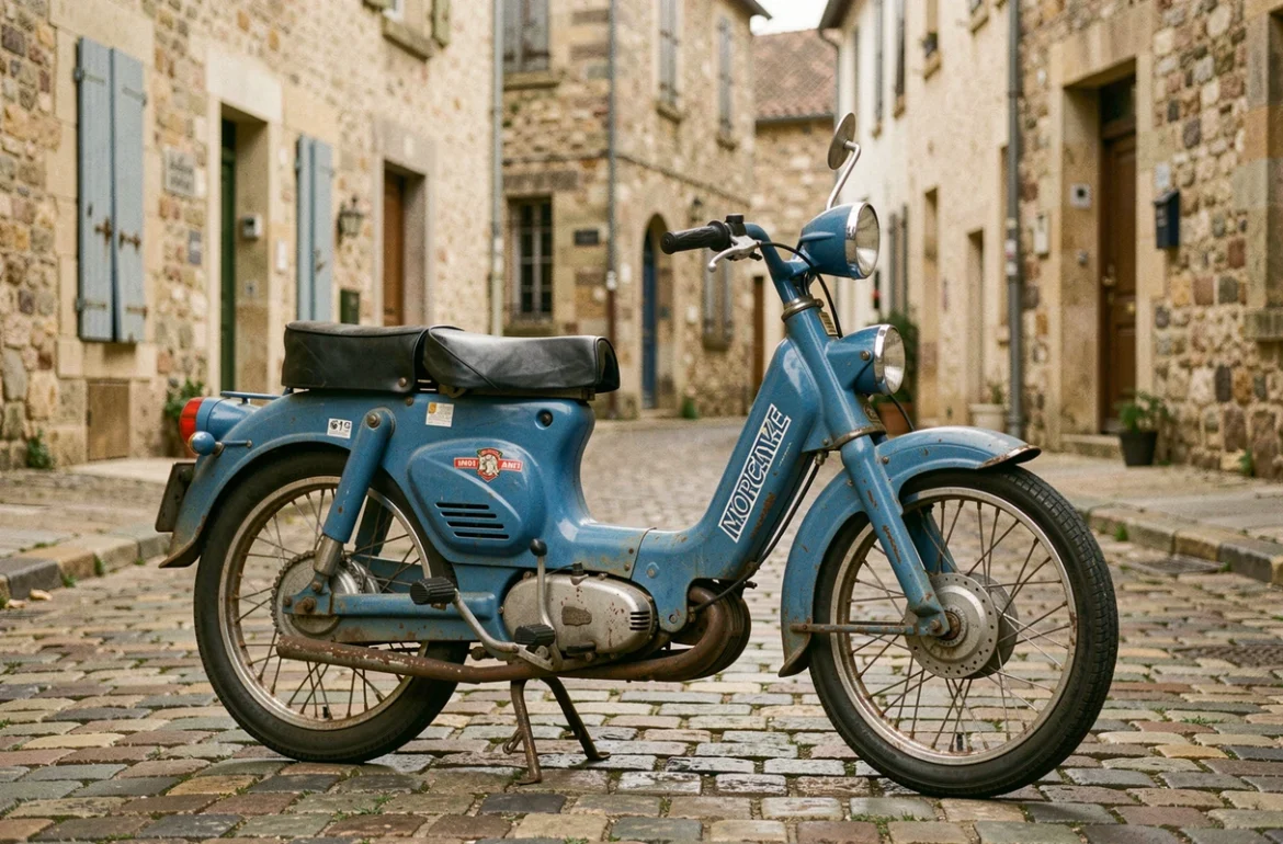 Mobylette Motobécane 103 SP bleue d'origine garée sur des pavés dans une rue française, couleur bleue usine authentique visible sur le cadre et le réservoir