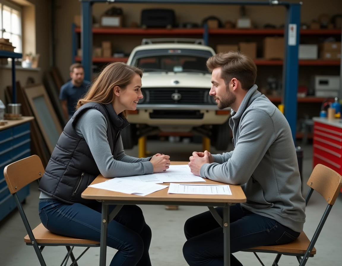 Négociation du prix d'une voiture de rallye d'occasion entre une acheteuse et un vendeur dans un garage spécialisé