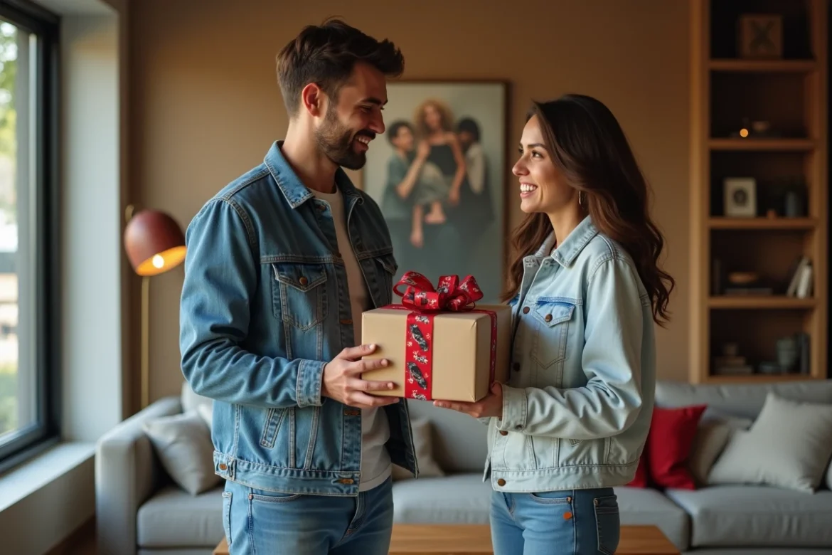 Couple offrant un bon cadeau stage de pilotage auto dans un salon moderne