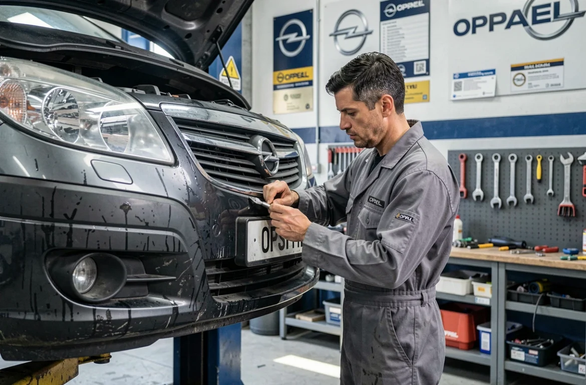Technicien d'Opel Auto Service Réparation travaillant sur une voiture Opel d'occasion sur un pont élévateur