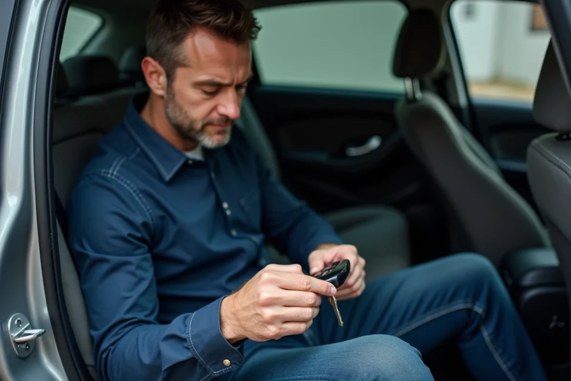 Homme ouvrant le boîtier de la clé Clio 4 avec l'ongle à l'intérieur d'une voiture