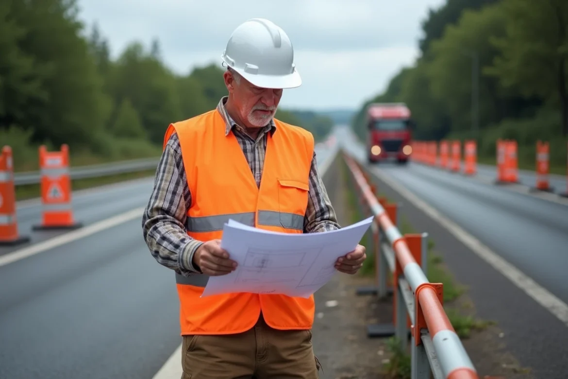 Ouvrier de chantier consultant un plan de travaux sur une autoroute française avec cônes de signalisation orange