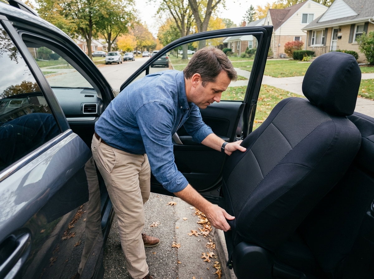 Père ajustant un couvre-siège dans un SUV en extérieur