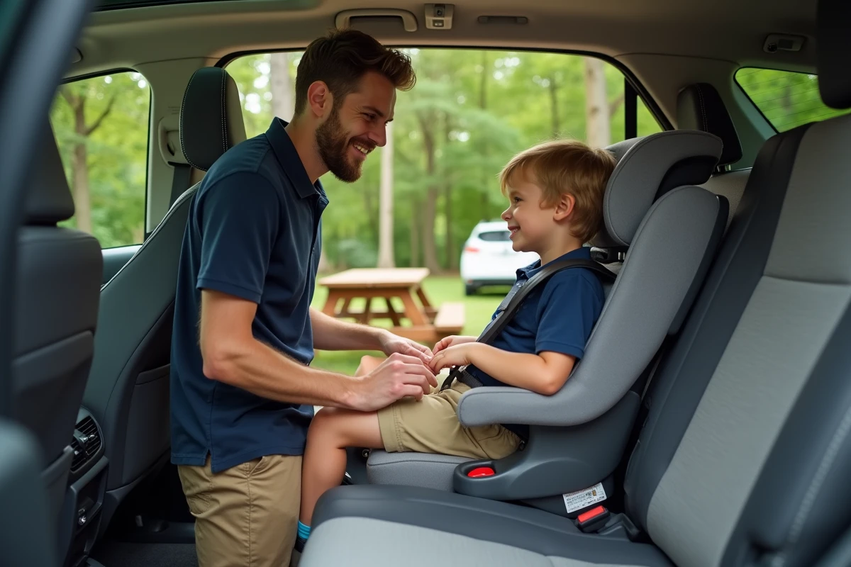 Père attachant son enfant dans la voiture en plein air