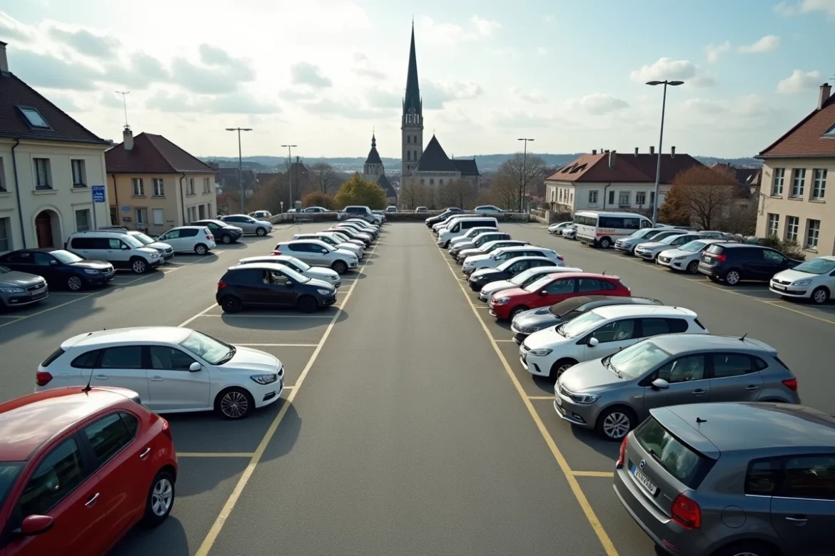 Vue aérienne d'un parking en plein air au centre-ville de Colmar avec bâtiments alsaciens en arrière-plan