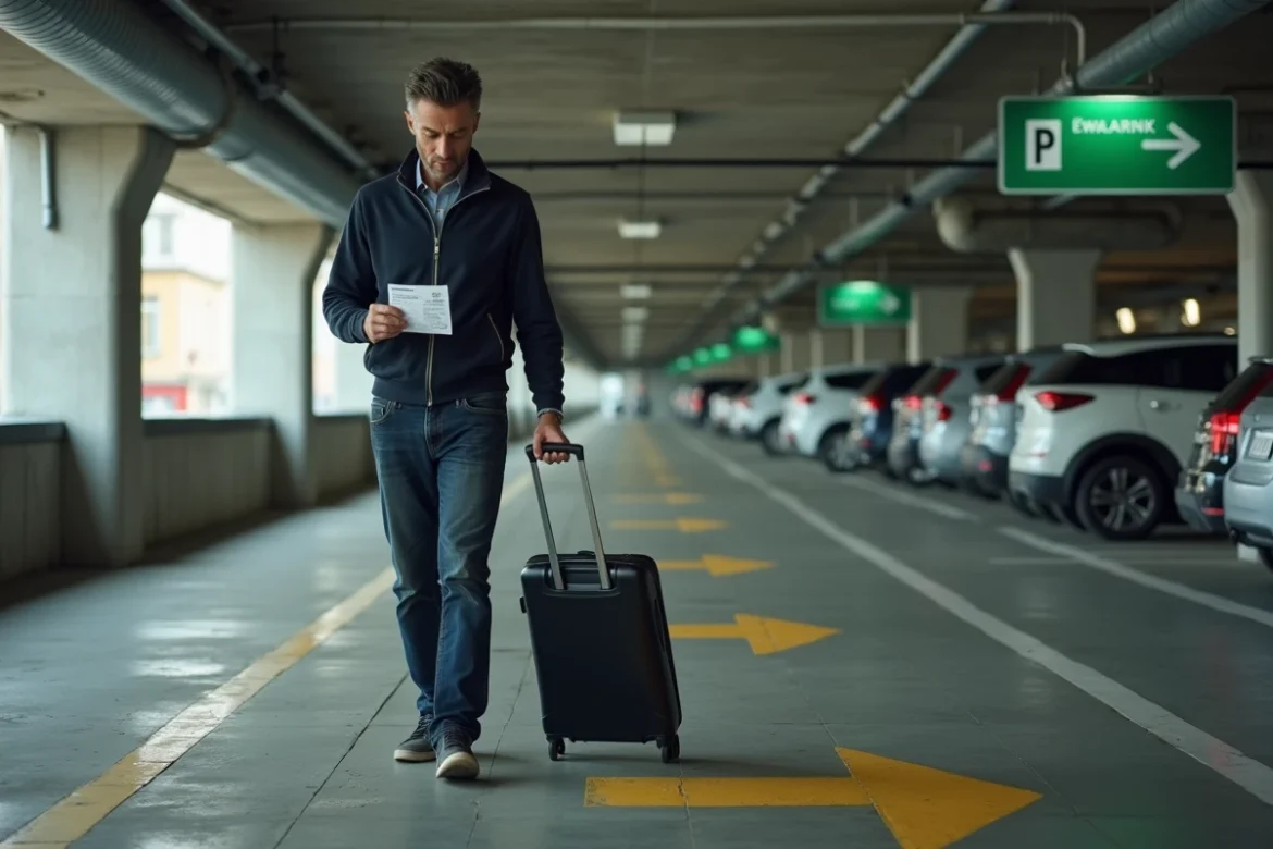 Homme avec valise dans un parking couvert à étages au centre-ville de Colmar consultant son ticket de stationnement