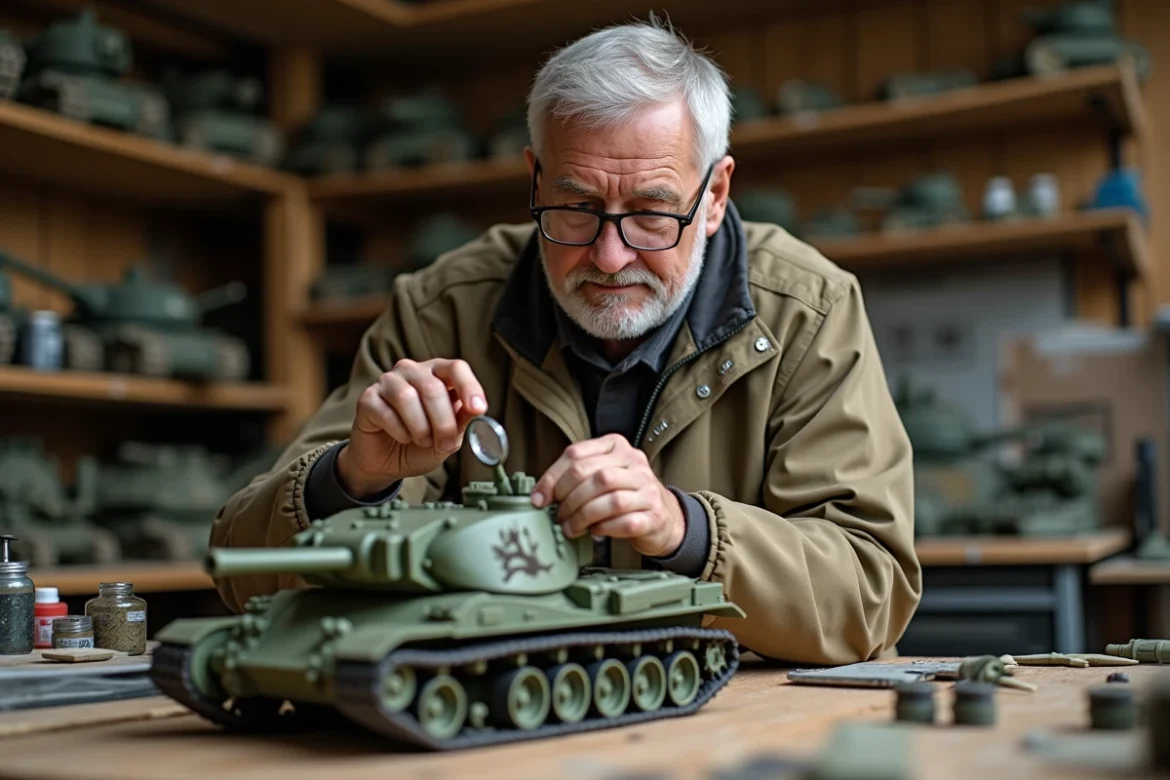 Passionné de modélisme militaire examinant une maquette détaillée du char Challenger 2 dans son atelier, entouré de livres de référence et d'outils