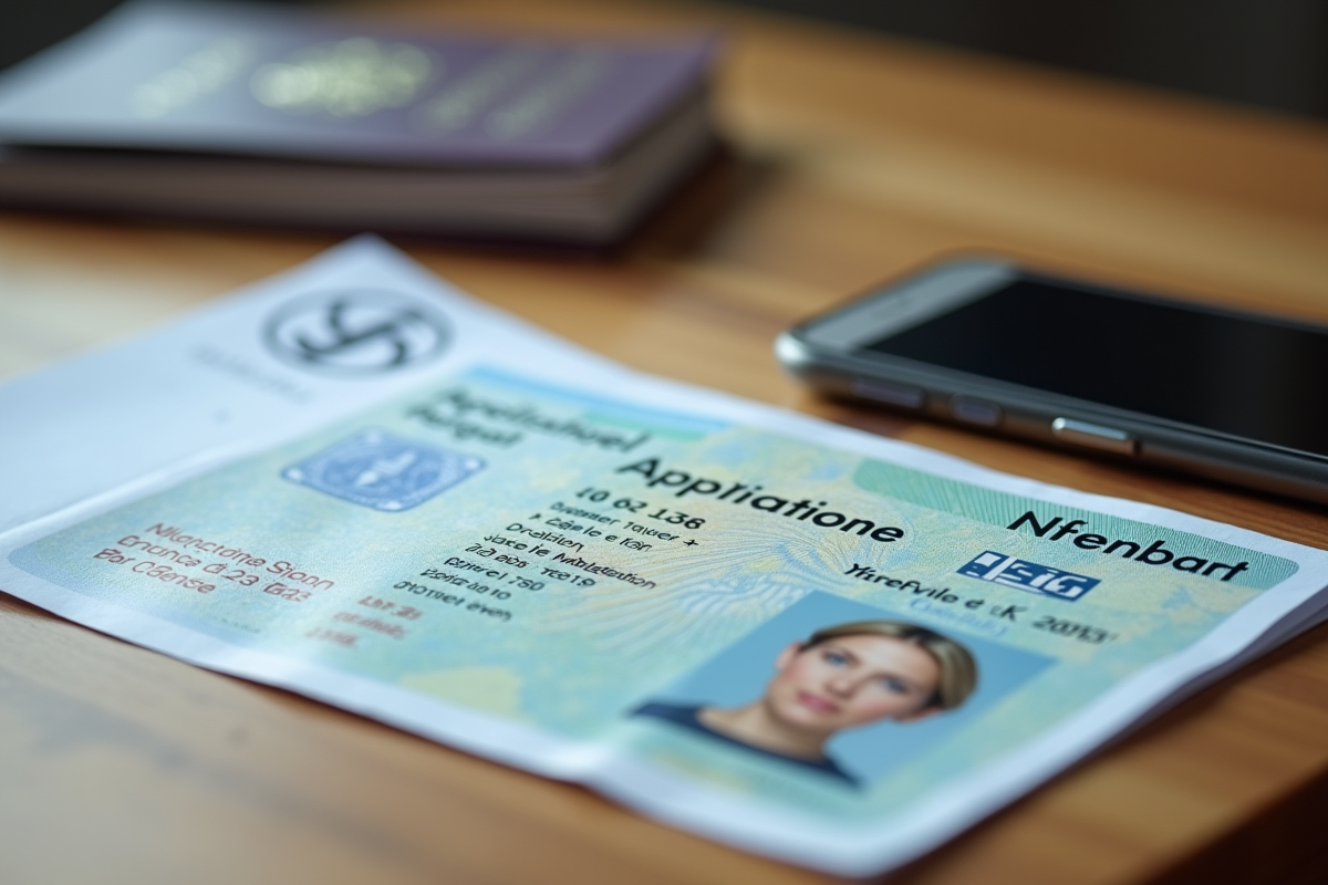 Permis de conduire français sur un bureau avec smartphone et passeport