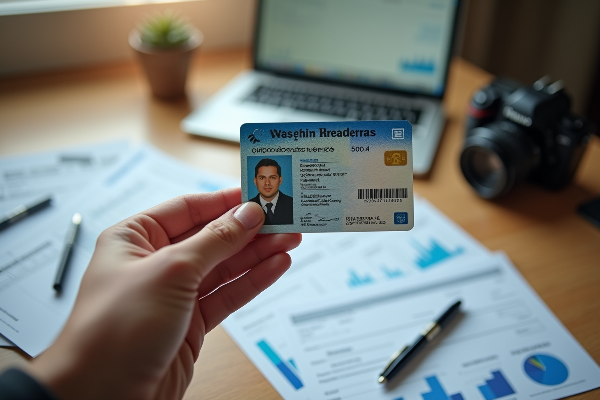 Main tenant un permis moto européen sur un bureau